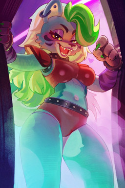 4_fingers anthro arm_warmers armor armwear belt big_breasts black_belt black_bracelet black_collar black_nose blonde_hair bottomwear bracelet breasts cheek_tuft claws clothing collar ear_piercing ear_ring ear_stud eyebrows eyelashes eyeshadow facial_tuft fangs female finger_claws fingers glistening_eyelids green_claws green_highlights hair half-closed_eyes highlights_(coloring) hotpants jewelry lidded_eyes looking_at_viewer machine makeup midriff narrowed_eyes navel open_mouth open_smile pauldron piercing purple_arm_warmers purple_armwear purple_clothing purple_eyelids red_bottomwear red_clothing red_topwear ring_piercing sharp_teeth shorts smile solo standing studded_belt studded_bracelet studded_collar studded_jewelry studs teeth tiger_print_arm_warmers topwear tuft yellow_eyes wamudraws five_nights_at_freddy's five_nights_at_freddy's:_security_breach scottgames steel_wool_studios roxanne_wolf animatronic canid canine canis mammal robot wolf 2023 2:3 digital_media_(artwork)