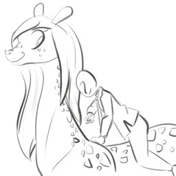 ?_face duo female feral hair happy larger_female larger_feral long_hair long_neck male riding simple_background size_difference smaller_human smaller_male smile white_background goattrain anon paisley_(nobby) giraffe giraffid human mammal 1:1 monochrome