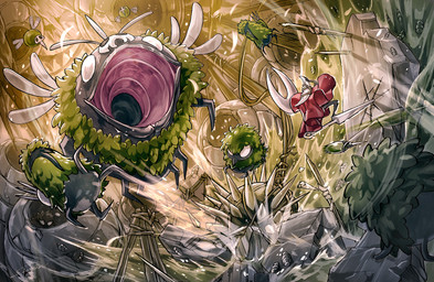 ambiguous_gender biped black_eyes cloak clothed clothing detailed_background duo empty_eyes holding_melee_weapon holding_object holding_weapon looking_at_another melee_weapon red_cloak red_clothing weapon white_eyes wings sinsin hollow_knight:_silksong hollow_knight_(franchise) team_cherry groal_the_great hornet_(hollow_knight) arthropod hi_res