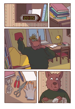 adolescent anthro apartment backpack black_nose book bookshelf bottomwear brown_body brown_fur chair clock clothing curtains denim denim_bottomwear denim_clothing desk digital_clock dressing electronics floor_lamp fur furniture furniture_lamp green_clothing green_sweater green_topwear head_tuft humanoid_hands inner_ear_fluff inside jeans lamp male monotone_body monotone_fur notebook pants pencil_(object) pillow plant plant_pot pliers pointy_ears potted_plant prick_ears rope school_bag scissors sofa solo sweater table text textbook tools topwear tuft wall_shelf window young young_anthro young_male katja sobakistan woof_(sobakistan) canid canine mammal comic hi_res russian_text translated