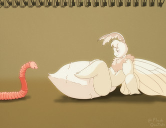 ambiguous_gender antennae_(anatomy) anthro armless arthropod_abdomen clitellum eyes_closed feral insect_wings legs_up lepidopteran_wings looking_at_another lying multi_arm multi_limb on_back pink_body pink_skin simple_background tuft white_body white_skin wings flashquatsch valentino_(flashquatsch) annelid arthropod earthworm insect lepidopteran moth worm