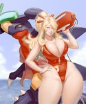 ambiguous_gender anthro big_breasts black_sclera blonde_hair blue_eyes blush breasts camel_toe cleavage cleavage_overflow clothed clothing cynthia_(pokemon) duo eyelashes female garchomp generation_4_pokemon hair hand_on_hip huge_breasts human lifeguard lifeguard_swimsuit looking_at_viewer mammal materclaws narrowed_eyes navel_outline nintendo one-piece_swimsuit pokemon pokemon_(species) pokemon_champion ponytail pupils purple_body purple_scales red_body red_clothing red_scales red_swimwear scales sea slit_pupils snorkel swimwear tan_body tan_skin thick_thighs water wide_hips yellow_eyes
