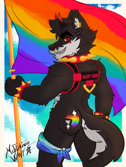 anthro biped bracelet butt butt_tattoo collar flag flag_(object) gear harness jewelry legband lgbt_pride looking_at_viewer looking_back looking_back_at_viewer male pride_color_accessory pride_color_flag pride_colors progress_pride_colors proud public public_nudity rear_view six-stripe_rainbow_pride_colors solo spiked_bracelet spiked_collar spikes standing tattoo vincian_pride_colors mrdarknesswolf lgbt_pride_month dantalos canid canine canis demon hybrid mammal wolf hi_res