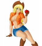 alternate_species apple big_breasts blonde_hair breasts cleavage clothed clothing female food fruit gloves green_eyes hair handwear hat headgear headwear holding_food holding_object human_only humanized long_hair navel not_furry partially_clothed plant simple_background skimpy solo white_background zantyarz friendship_is_magic hasbro my_little_pony applejack_(mlp) human mammal grandfathered_content hi_res