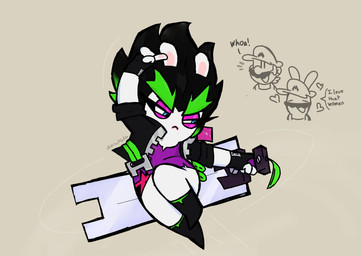 action_pose anthro belt bent_leg black_boots black_clothing black_footwear black_gloves black_hair black_handwear black_jacket black_topwear blue_eyes boots closed_frown clothed clothed_female clothed_human clothed_male clothing dialogue dot_eyes eyebrows eyelashes eyes_closed facial_hair female female_anthro footwear frown gesture gloves green_belt green_eyebrows green_hair grey_facial_hair grey_mustache group hair hand_gesture handwear hat headgear headwear heart_symbol hearts_around_head holding_melee_weapon holding_object holding_sword holding_weapon impressed infatuation jacket left-handed light long_ears looking_at_another male male_anthro male_human melee_weapon mouth_closed mustache narrowed_eyes noseless open_belt open_clothing open_jacket open_mouth open_smile open_topwear overalls pantsless_anthro pantsless_female pawpads pointing pose purple_clothing purple_eyelids purple_shirt purple_topwear shirt shoes short_hair simple_background simple_eyes smile smiling_at_another solo_focus spiky_hair squint sword tan_background tan_clothing tan_hat tan_headwear tan_inner_ear tan_overalls tan_pawpads text thick_eyebrows topwear torn_clothing torn_shirt torn_topwear trio weapon yelling vampkettleartz mario_bros mario_plus_rabbids_kingdom_battle mario_plus_rabbids_sparks_of_hope nintendo raving_rabbids rayman_(series) ubisoft edge_(mario_plus_rabbids) mario rabbid_mario human lagomorph mammal rabbid 2023 absurd_res artist_name colored crossover digital_drawing_(artwork) digital_media_(artwork) english_description english_text hi_res lighting shaded