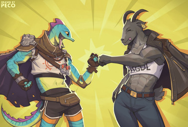 abs anthro bangle belt belt_buckle blue_body blue_scales bottomwear breasts buckle cape clothed clothing crop_top denim denim_bottomwear denim_clothing duo ear_piercing ear_tag elbow_sleeves eyes_closed fanny_pack female fingerless_gloves fingers fist_bump fur gesture gloves green_body green_scales grey_body grey_fur hand_on_hip handwear head_ridge hooved_fingers hooves horn jacket jeans jewelry leather leather_clothing leather_jacket leather_topwear looking_at_another male muscular muscular_anthro muscular_female navel open_clothing open_jacket open_mouth open_smile open_topwear pants pecs pecs_with_breasts piercing radial_speed_lines scales scut_tail shirt short_tail shorts shoulder_guards simple_background smile speed_lines tail tail_ridge text text_on_clothing text_on_shirt text_on_topwear tongue tongue_out topwear torn_cape torn_clothing torn_shirt torn_topwear unzipped unzipped_jacket yellow_background yellow_eyes zipper outrage_mk2 coffee_stain_studios epic_games fortnite goat_simulator lizzik_(fortnite) pilgor_(goat_simulator) bovid caprine goat lizard mammal reptile scalie 2025 absurd_res artist_name english_text hi_res signature