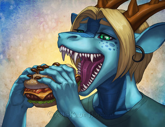 5_fingers anthro blonde_hair burger eating fingers food green_eyes hair horn open_mouth simple_background solo teeth tongue katie_hofgard mythology dragon mythological_creature mythological_scalie scalie 2015 digital_media_(artwork) headshot_portrait portrait