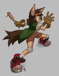 action_pose bottomwear brown_hair clothing female gloves green_eyes grey_background hair handwear holding_bat jacket pose shirt shorts simple_background smile solo standing topwear dogbomber animal_humanoid canid canid_humanoid humanoid mammal mammal_humanoid 2021