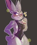 anthro blush bodily_fluids breasts clothing female hand_on_hip latex leotard long_ears one-piece_swimsuit one_eye_closed side_boob small_tail solo standing sweat sweaty_body sweaty_legs sweaty_thighs swimwear tail thick_thighs tight_clothing wink oopsie-gay disney zootopia judy_hopps lagomorph leporid mammal rabbit absurd_res hi_res