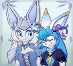 accessory anthro blue_eyes breasts clothing dress duo eyes_closed feathers female fur hair hair_accessory smile white_body white_fur coffeefly nintendo pokemon eeveelution generation_4_pokemon glaceon pokemon_(species) 2024 hi_res shaded