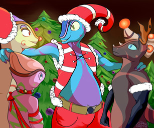 2_fingers anthro bell biped black_body black_skin blue_body blue_head blue_sclera blue_skin bone_frill christmas_sphere christmas_tree clothed clothing collar colored_nails fake_horns fingers frill_(anatomy) green_eyes head_markings herm holidays hollyday intersex looking_at_another looking_at_partner male markings multicolored_body nails pink_body pink_skin plant purple_lines purple_nails red_nose spikes spikes_(anatomy) tail tree yellow_body yellow_skin sicsoma christmas sicsoma_(sicsoma) chameleon lizard reptile scalie
