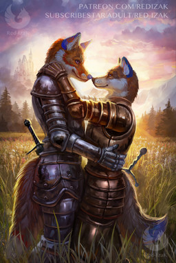 anthro armor biped brown_body brown_fur clothing cuisse detailed_background duo forest fur gauntlets gloves grass hand_on_hip hand_on_shoulder handwear knight male male/male male_anthro meadow melee_weapon nature nature_background nose_to_nose orange_body orange_fur outside pauldron plant rerebrace romantic sheathed_sword sword tassets tree vambrace warrior weapon white_body white_fur red-izak canid canine canis fox mammal wolf 2025 digital_media_(artwork) hi_res