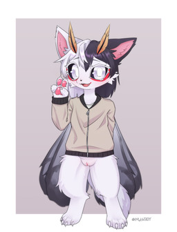 4_fingers antennae_(anatomy) anthro black_nose black_sclera blush bottomless clothed clothing digitigrade eyelashes female female_anthro fingers genitals hair humanoid_genitalia humanoid_vulva looking_at_viewer partially_clothed simple_background smile solo standing text tongue tuft vulva white_body white_eyes wings young young_female ttaki ttaki_(character) arthropod canid canine fox hybrid insect lepidopteran mammal moth hi_res