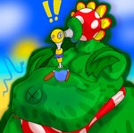 belly big_belly clothing expansion green_body huge_belly inflation liquid_inflation machine male not_furry plant simple_background solo underwear water water_inflation ivy_arts mario_bros nintendo super_mario_sunshine f.l.u.d.d. petey_piranha elemental_creature flora_fauna piranha_plant robot absurd_res hi_res