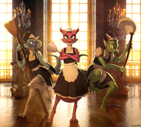 apron barefoot blue_body blue_scales broom chandelier claws cleaning_tool clothing crossed_arms feather_duster feet female furgonomics green_body green_eyes green_scales group inside leggings legwear looking_at_viewer maid_headdress maid_uniform mansion mop multiple_poses open_mouth pose purple_eyes red_body red_scales scales shadow toe_claws trio uniform window yellow_eyes nominu humanoid kobold scalie absurd_res hi_res