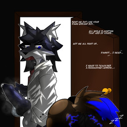 angry bent_over butt dialogue door duo erection female genitals glowing insult knot knotted_penis male male/female musk needleplay penis sleeping suit_symbol text throbbing throbbing_penis tired oboegollum yui_(oboegollum) canid canine fox mammal 1:1 absurd_res english_text hi_res