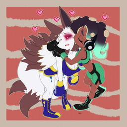 anthro bent_over boots bottomwear boxing_gloves bra breast_size_difference breasts bruised bruised_eye cleavage clothed clothing dark_body dark_skin dipstick_hair dipstick_tail duo electronics eyes_closed female footwear fur handwear headphones heart_symbol kiss_on_cheek kissing markings mole_(marking) multi_tail pseudo_hair shoes shorts size_difference sport sports_bra tail tail_markings tentacle_hair tentacles underwear white_body white_fur drawing-4ever wendel_fragoso cyberconnect2 drecom full_bokko_heroes nintendo splatoon daji_(full_bokko_heroes) marina_(splatoon) aquatic canid canine cephalopod fox humanoid mammal mollusk octarian octoling 1:1 2025 absurd_res digital_media_(artwork) hi_res story story_in_description