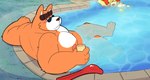 anthro barazoku belly detailed_background duo eyewear genitals kemono male nipples penis sitting sunglasses swimming_pool water leothelionel the_human_heart_(game) rorik_dahl canid canine canis domestic_dog felid lion mammal pantherine 2025 hi_res