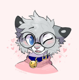 anthro bell bell_collar blue_collar blue_eyes blush clothed clothing collar dipstick_ears ear_markings eyewear femboy fluffy fur glasses gold_bell grey_body hair heart_symbol looking_at_viewer male markings multicolored_ears one_eye_closed open_mouth pink_clothing pink_nose pink_sweater pink_topwear round_glasses simple_background smile solo spots spotted_markings sweater teeth tongue topwear tuft turtleneck wink soyyemilk nixuelle domestic_cat egyptian_mau felid feline felis mammal 2026 digital_media_(artwork) headshot_portrait portrait