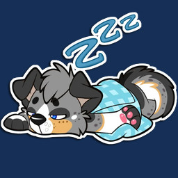 anthro bedding blanket blue_blanket blue_eyes floppy_ears folded_ears grey_body grey_spots lying onomatopoeia pawpads pink_pawpads solo sound_effects spots tail telegram_sticker text tired white_spots young young_anthro niu-ka canid canine canis domestic_dog mammal 1:1