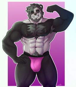 abs anthro barazoku beard biped border bulge chest_tuft clothed clothing facial_hair fingers flexing flexing_bicep front_view fur grey_body grey_fur hand_on_hip humanoid_hands jockstrap jockstrap_only looking_at_viewer male muscular muscular_anthro muscular_arms muscular_male one_eye_closed pink_background pink_clothing pink_jockstrap pink_underwear pose pubes red_eyes scar seductive simple_background smile smirk solo standing teeth text topless tuft underwear underwear_only white_body white_border white_fur darolion bear giant_panda mammal 2023 artist_name hi_res pinup portrait three-quarter_portrait