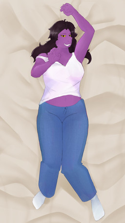 anthro bed belly big_breasts bottomwear breasts brown_hair clothing dakimakura denim denim_bottomwear denim_clothing female footwear furniture grin hair jeans looking_at_viewer lying non-mammal_breasts on_back on_bed pants purple_body scales shirt smile socks solo tank_top thick_thighs topwear yellow_eyes noisyfocks deltarune undertale_(series) susie_(deltarune) reptile scalie 2026 9:16 dakimakura_design digital_media_(artwork) full-length_portrait hi_res portrait