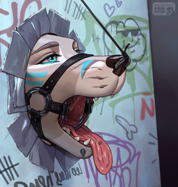 ambiguous_gender anthro bdsm bodily_fluids bound chin_piercing facial_piercing fur gag glory_hole leash nose_leash nose_piercing nose_ring nose_ring_pull open_mouth piercing piercing_pull ring_piercing saliva saliva_string septum_piercing septum_ring solo teeth tongue tongue_out tongue_piercing poofroom canid canine mammal absurd_res digital_media_(artwork) hi_res