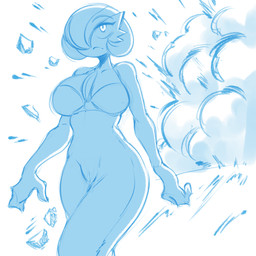 anthro anthrofied breasts chest_spike collarbone explosion eyebrow_through_hair eyebrows eyelashes female fin frown hair hair_over_eye head_fin low-angle_view mouth_closed pokemorph pseudo_clothing pupils short_hair simple_background solo spikes spikes_(anatomy) thick_thighs translucent translucent_hair walking_away white_background wide_hips saltyxodium nintendo pokemon gardevoir generation_3_pokemon humanoid pokemon_(species) 1:1 blue_and_white hi_res monochrome