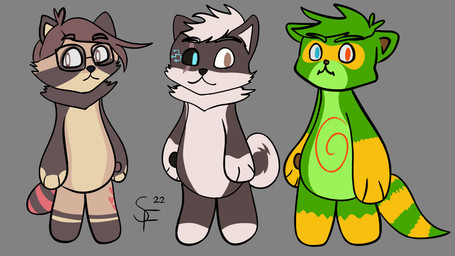 ambiguous_gender anthro blue_eyes chibi cybernetics fur green_body green_eyes green_fur group hair heterochromia machine male orange_body orange_fur red_eyes tail trio natsutheott natsu_hasegawa canid canine canis cyborg humanoid hybrid mammal mustelid otter procyonid raccoon raccoon_dog tanuki wolf 16:9 2022 digital_media_(artwork) widescreen nonbinary_(lore)