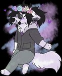 abstract_background anthro barefoot black_hair black_nose black_tongue blush bottomwear chibi clothed clothing ears_down feet flower flower_crown freckled_face freckles fully_clothed grey_bottomwear grey_clothing grey_hoodie grey_pants grey_sclera grey_topwear hair handpaw heart_symbol hindpaw hoodie looking_at_viewer male male_anthro pants paws pivoted_ears plant ponytail purple_blush snout solo tail tongue tongue_out topwear whisker_spots white_eyes jaspering kristof_(the_floofiest) canid canine canis domestic_dog mammal nordic_sled_dog samoyed spitz 2018 digital_drawing_(artwork) digital_media_(artwork) full-length_portrait portrait shaded soft_shading nonbinary_(lore)