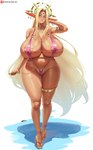 areola_piercing big_breasts blonde_hair bracelet breasts clothing female footwear front_view hair high_heels huge_breasts jewelry long_hair looking_at_viewer navel navel_piercing not_furry one-piece_swimsuit piercing pink_clothing pink_swimwear shoes sling_bikini solo suntan swimwear tan_line delta26 elf compression_artifacts hi_res