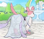 bedroom_eyes bulge clothed clothing crossdressing detailed_background dress femboy feral fountain garden looking_back male narrowed_eyes panties rear_view seductive solo translucent translucent_clothing translucent_dress underwear onesaucydragon nintendo pokemon elegant_style_sylveon eeveelution generation_6_pokemon pokemon_(species) sylveon absurd_res hi_res