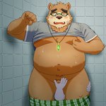 anthro balls bathroom belly blush boxers_down brown_body brown_fur disembodied_hand duo erection eyewear fupa fur genitals glasses handjob male moobs navel nipple_fetish nipple_pinch nipple_play overweight overweight_male penile penis pinch sex small_penis yaki_atsuage lifewonders tokyo_afterschool_summoners volos_(tas) bear mammal 1:1