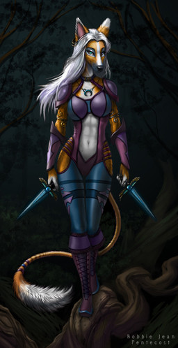 anthro dagger detailed_background ear_piercing ear_ring female fur holding_object holding_weapon melee_weapon ninja piercing ring_piercing solo tail warrior weapon bjpentecost aryaita canid canine mammal detailed