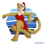 anthro christmas_clothing christmas_headwear clothed clothing crossed_legs dress female hat headgear headwear holidays licking licking_lips licking_own_lips looking_at_viewer raised_tail red_clothing santa_hat self_lick solo tail tongue tongue_out kutekittykatt christmas kimani felid lion mammal pantherine hi_res