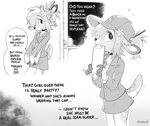 accessory ambiguous_gender anthro antlers ballcap bottomwear broken_antler clothed clothing crossdressing crossdressing_male cut_antlers femboy fingers flower flower_in_hair fur gender_confusion hair hair_accessory hat headgear headwear hooves horn male open_mouth plant secretary simple_background skirt solo tail text young young_anthro young_male koiyaroid koiyaroid_(character) deer mammal english_text hi_res monochrome