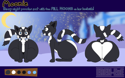 anatomically_inaccurate big_butt black_body black_fur black_nose black_tail blue_eyes bottom_heavy butt color_swatch crescent_moon female feral front_view fur genitals huge_butt hyper hyper_butt markings moon multicolored_body multicolored_fur multicolored_tail rear_view side_view solo striped_markings striped_tail stripes tail tail_markings text thick_thighs toony vulva white_body white_fur white_tail wide_hips eren-exe moonie_(eren-exe) domestic_cat felid feline felis mammal 16:10 2026 absurd_res artist_name character_name digital_drawing_(artwork) digital_media_(artwork) english_text hi_res model_sheet watermark widescreen