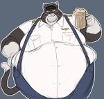 alcohol anthro beer belly belly_overhang beverage big_belly black_body black_fur captainjusticevirtsuoso clothed clothing domestic_cat double_chin felid feline felis fur grin hand_on_hip hat headgear headwear holding_beverage holding_object love_handles male mammal moobs obese obese_anthro obese_male overweight overweight_anthro overweight_male smile solo suspenders white_body white_fur wide_hips