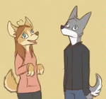 ahoge anthro bite bodily_fluids brown_hair clothed clothing duo female fully_clothed fur grey_body grey_fur hair male open_mouth simple_background tan_body tan_fur tears white_body white_fur yellow_background yshanii cotton_(yshanii) canid canine canis mammal wolf 2021 animated digital_media_(artwork) short_playtime sound webm