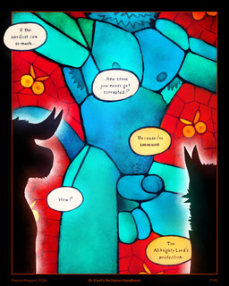 anthro armpit_hair balls black_border blue_body body_hair border calligraphy dialogue duo erection genitals horn male nipples penis silhouette silhouetted_body speech_bubble stained_glass tail text sharkinthepark avian bird bovid bovine cattle mammal owl 2026 4:5 absurd_res comic english_text hi_res