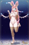 anthro antlers areola armwear bell big_breasts blue_eyes breasts clothing female genitals hair hooves horn jingle_bell legwear long_hair looking_at_viewer night nipples pink_areola pink_hair pink_nipples pussy snow solo myssedakes nintendo pokemon eeveelution generation_6_pokemon pokemon_(species) sylveon absurd_res hi_res