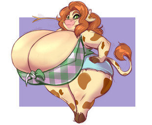 anthro big_breasts biped breasts brown_hair cleavage clothed clothing eyelashes female fully_clothed green_eyes hair hand_on_hip huge_breasts hyper hyper_breasts looking_at_viewer pupils shirt simple_background smile solo thick_thighs three-quarter_view topwear joelasko bovid bovine cattle mammal 2023
