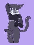 anthro balls bodily_fluids dripping erection gas_mask genital_fluids genitals latex male mask penis precum precum_drip scarf slightly_chubby solo freaxorz xor_(freaxorz) domestic_cat felid feline felis goo_creature living_latex mammal hi_res