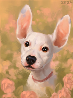abstract_background black_nose brown_eyes collar ears_up feral fur solo white_body white_fur young alexpahomov canid canine canis domestic_dog mammal 2024 digital_media_(artwork) digital_painting_(artwork) hi_res painting_(artwork)