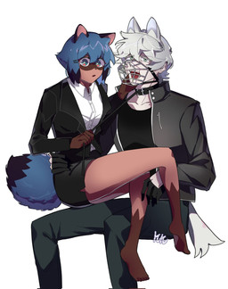 anthro barefoot bdsm bottomwear business_suit clothing collar dominant dominant_female duo feet female hair kukuyo_love leather male male/female muzzle_(object) on_lap open_mouth pencil_skirt petplay roleplay shocked sitting_on_lap skirt suit white_hair wire_basket_muzzle unknown_artist brand_new_animal studio_trigger michiru_kagemori shirou_ogami canid canine human mammal raccoon_dog tanuki hi_res