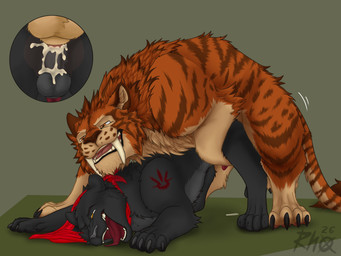 anal anal_penetration animal_genitalia animal_penis balls black_body black_fur bodily_fluids bound butt canine_genitalia canine_penis claws close-up clothing cum cum_drip cum_in_ass cum_inside cumshot doggystyle dripping duo ejaculation erection fangs feral feral_on_feral feral_penetrated feral_penetrating feral_penetrating_feral from_behind_position fur genital_fluids genitals hair humping knot looking_pleasured male male/male male_penetrated male_penetrating male_penetrating_male markings mounting nude open_mouth orange_body orange_fur penetration penis precum rear_view sex simple_background smile striped_body stripes tail teeth toe_claws tongue tongue_out rhox felid mammal pantherine tiger 4:3 hi_res shaded shaded_line_art