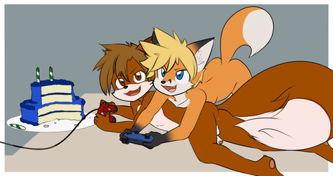 anthro anus balls birthday_cake blonde_hair blue_eyes brown_eyes brown_hair butt cake candle casual_nudity controller dessert dipstick_ears dipstick_tail duo ear_markings fluffy fluffy_tail food fur game_controller gaming genitals hair male male/male markings multicolored_ears nude orange_body orange_fur penis plate shota tail tail_markings young young_anthro unknown_artist rana_traizor tycloud canid canine fox mammal hi_res