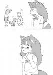 anthro canid canine canis clothing comic digital_media_(artwork) domestic_dog eyes_closed female feral fox fur_(theterm) group human kemono kneeling looking_at_another male mammal monochrome on_one_knee petting_head school_uniform tail tail_motion tailwag theterm uniform young young_anthro young_female young_human young_male