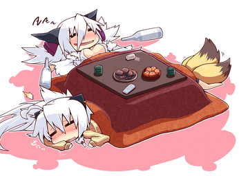 alcohol beverage blush breasts container cookie cup drunk female female/female food fruit furniture group humor kotatsu plant sleeping substance_intoxication table zapper reku mandarine canid canine fox humanoid mammal