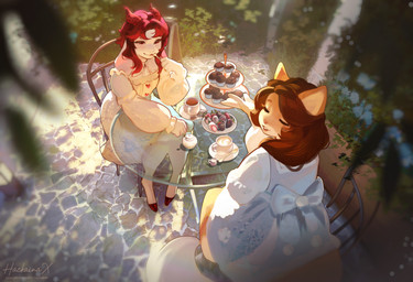 anthro biped bottomwear breasts clothed clothed_anthro clothed_female clothing day detailed_background duo female fingers footwear fully_clothed fully_clothed_anthro fully_clothed_female fur furniture hair horn outside shoes sitting smile table tail teeth topwear hackainax bovid caprine domestic_cat felid feline felis goat mammal 2026 digital_drawing_(artwork) digital_media_(artwork) hi_res